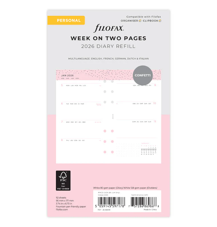 Confetti Week to View Diary - Personal 2026 Multilanguage