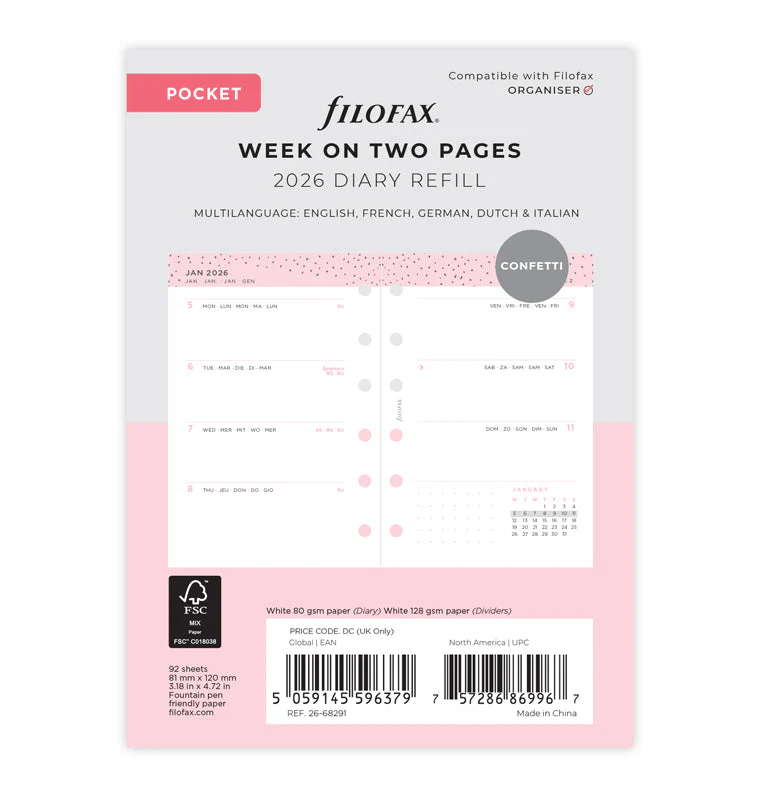 Confetti Week to View Diary - Pocket 2026 Multilanguage