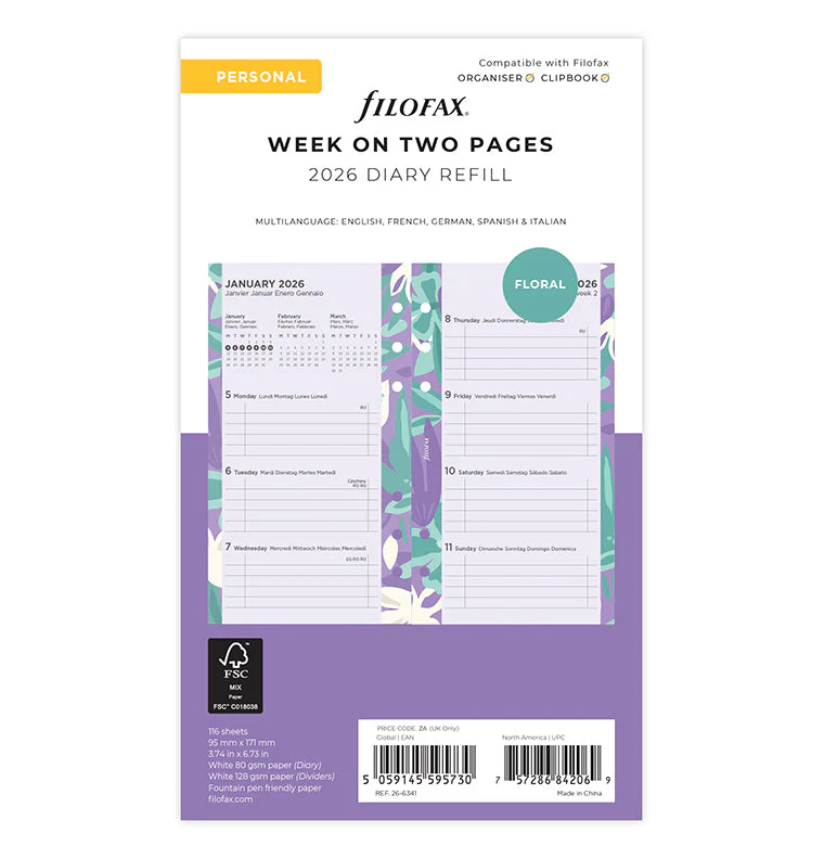 Floral Illustrated Diary Refill Pack - Personal 2026 Multilanguage