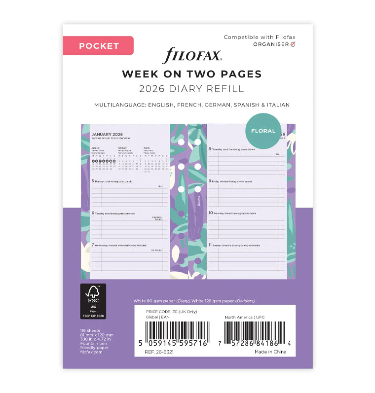 Floral Illustrated Diary Refill Pack - Pocket 2026 Multilanguage