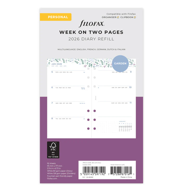 Garden Week On Two Pages Diary - Personal 2026 Multilanguage