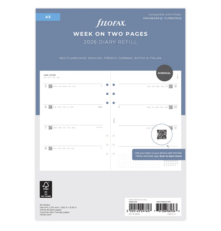 Minimal Week On Two Pages Diary - A5 2026 Multilanguage