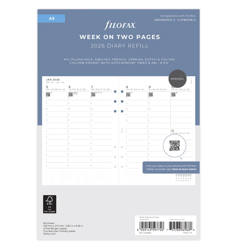 Minimal Week On Two Pages Vertical Diary - A5 2026 Multilanguage