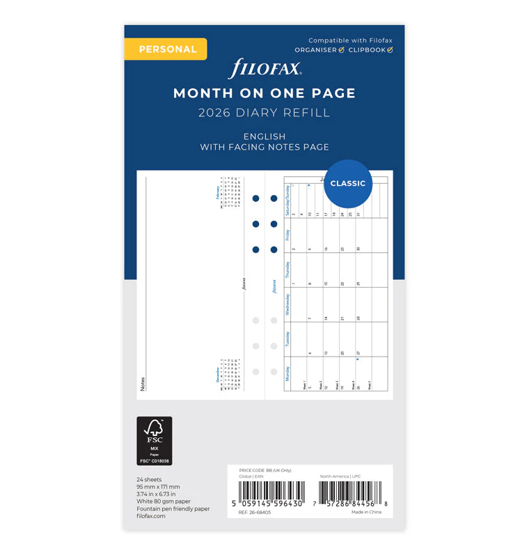 Month On One Page Diary with Notes - Personal 2026 English