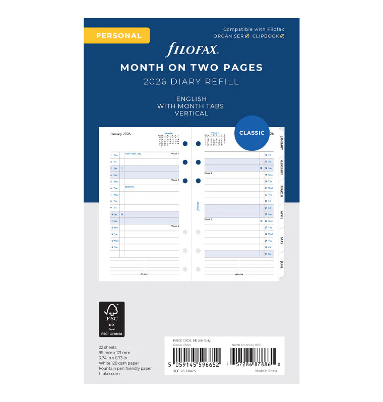Month On Two Pages Diary With Tabs - Personal 2026 English