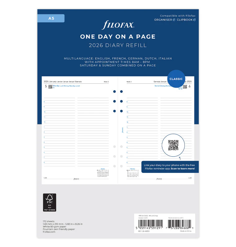 One Day On A Page Diary With Appointments - A5 2026 Multilanguage