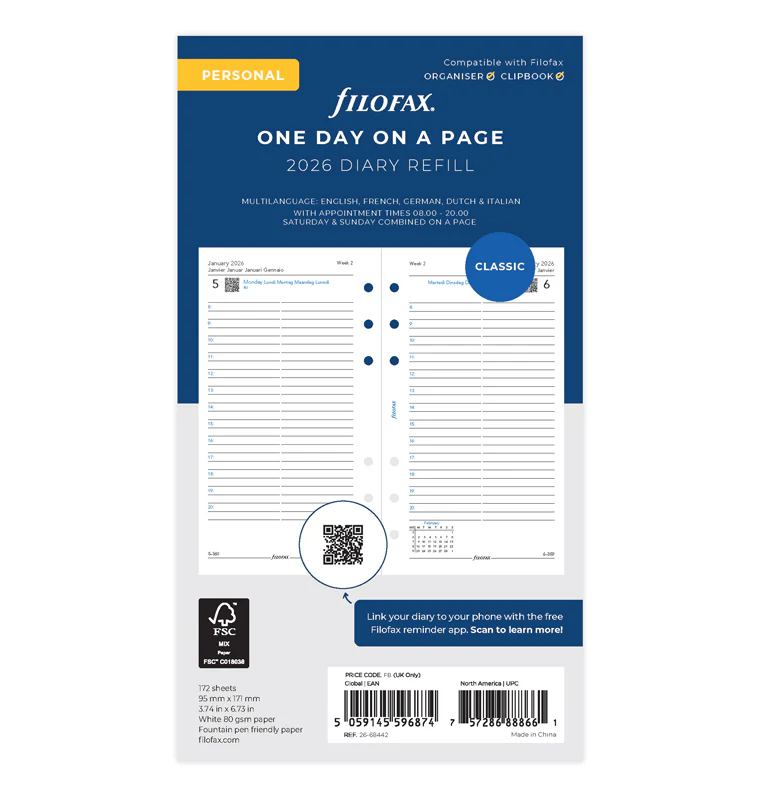 One Day On A Page Diary With Appointments - Personal 2026 Multilanguage