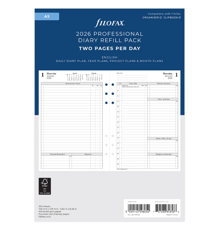 Time Management One Day On Two Pages Diary - A5 2026 English