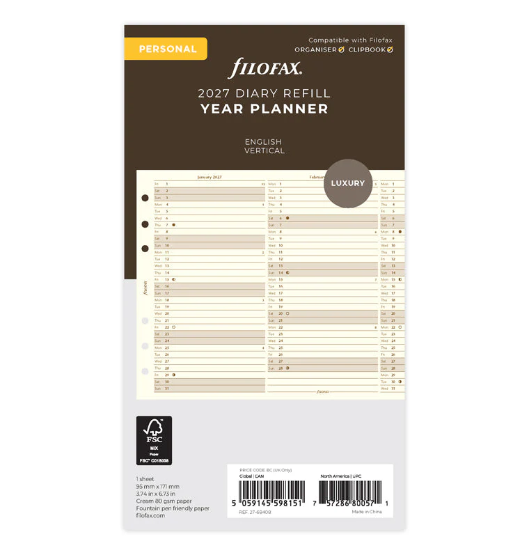 Vertical Year Planner - Personal Cotton Cream 2027 English