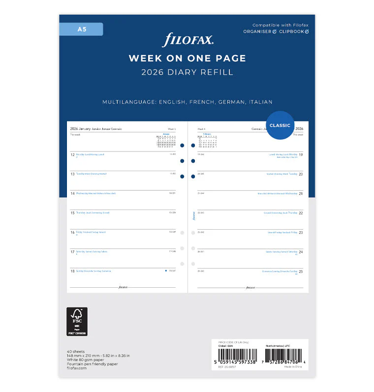 Week On One Page Diary - A5 2026 Multilanguage