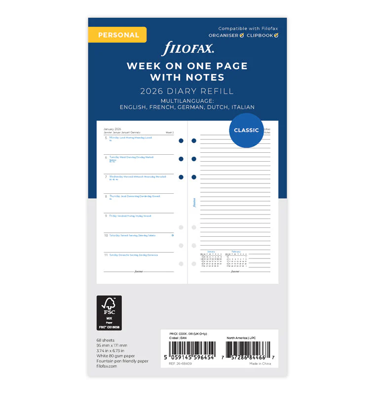Week On One Page Diary With Notes - Personal 2026 Multilanguage
