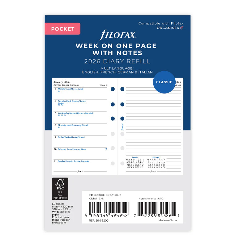Week On One Page Diary With Notes - Pocket 2026 Multilanguage