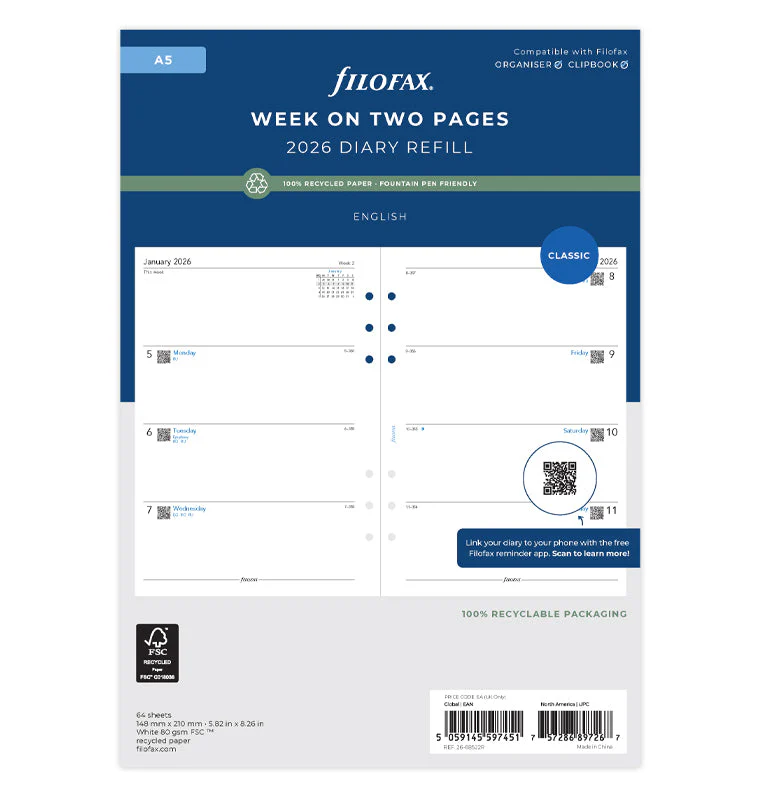 Week On Two Pages Diary - A5 2026 English - Recycled Paper