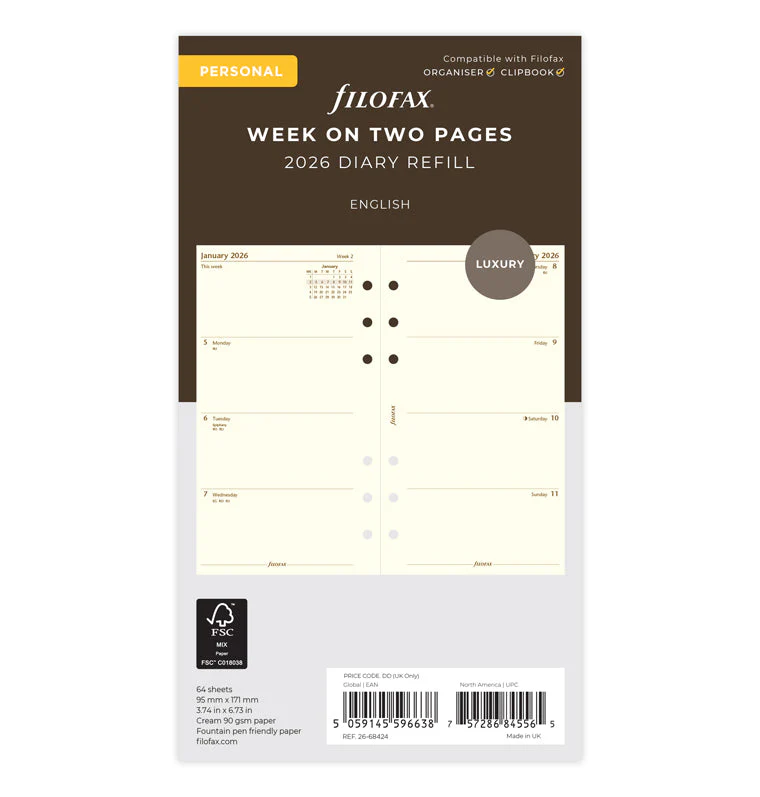 Week On Two Pages Diary - Personal Cotton Cream 2026 English