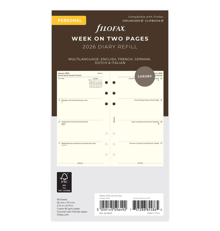 Week On Two Pages Diary - Personal Cotton Cream 2026 Multilanguage