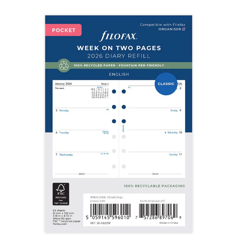 Week On Two Pages Diary - Pocket 2026 English - Recycled Paper