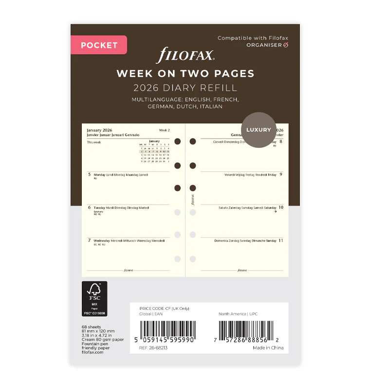 Week On Two Pages Diary - Pocket Cotton Cream 2026 Multilanguage