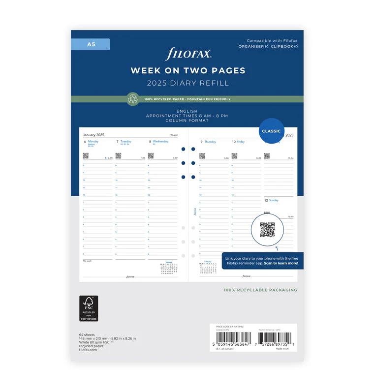 Week On Two Pages Diary With Appointments - A5 2026 English - Recycled Paper
