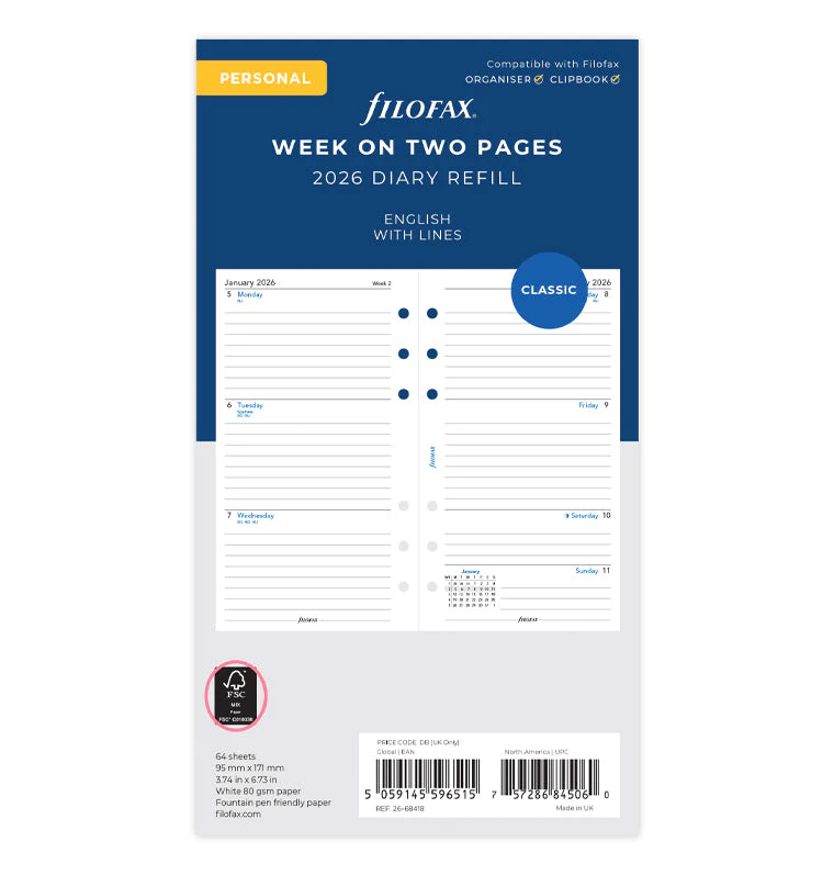 Week On Two Pages Lined Diary - Personal 2026 English